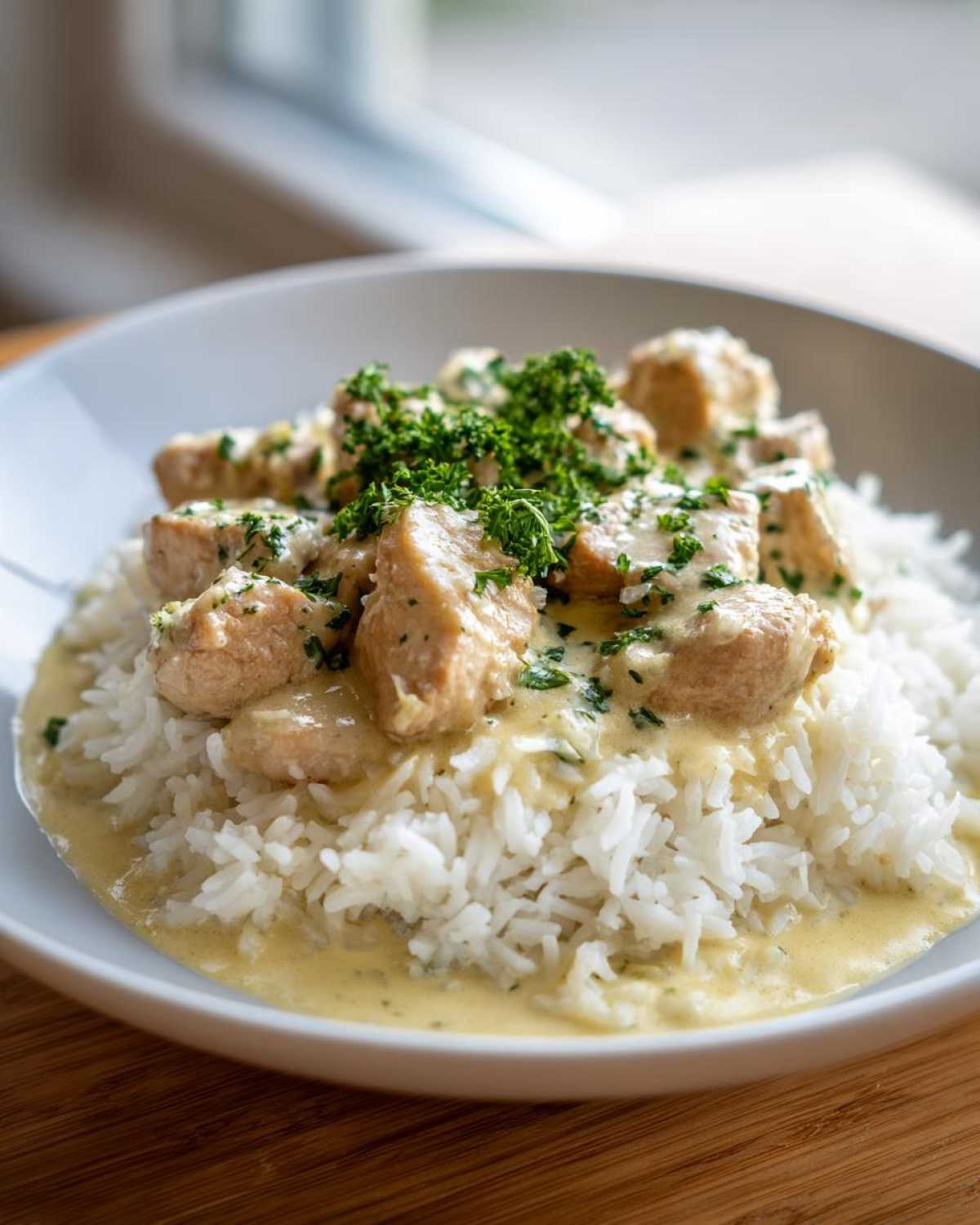 Close-up of a bowl containing fluffy white rice topped with creamy chicken pieces and fresh parsley, representing one pot chicken and rice.