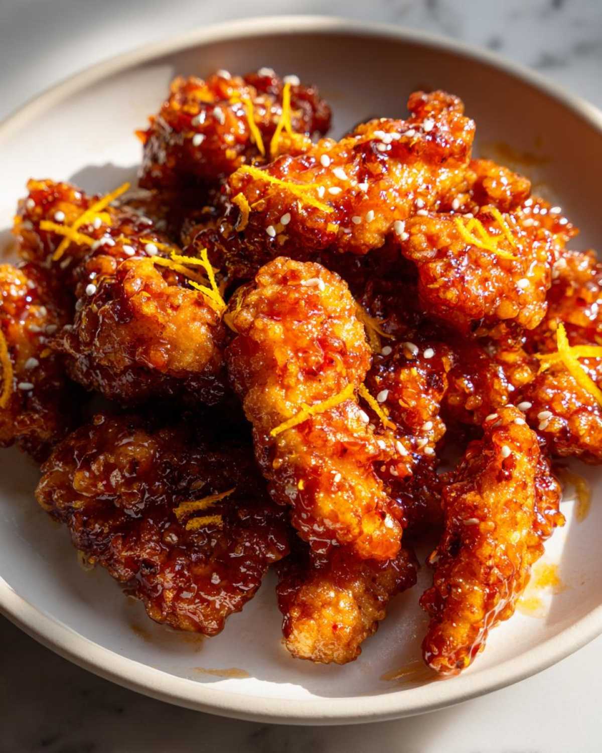 Close-up of crispy, glazed pieces of orange chicken recipe, topped with sesame seeds and orange zest.
