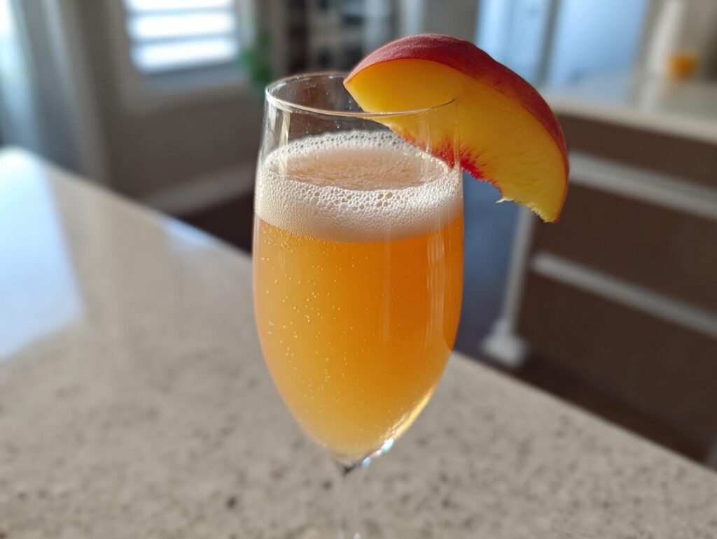 A sparkling, orange-hued bellini recipe cocktail served in a flute glass, garnished with a fresh peach slice.