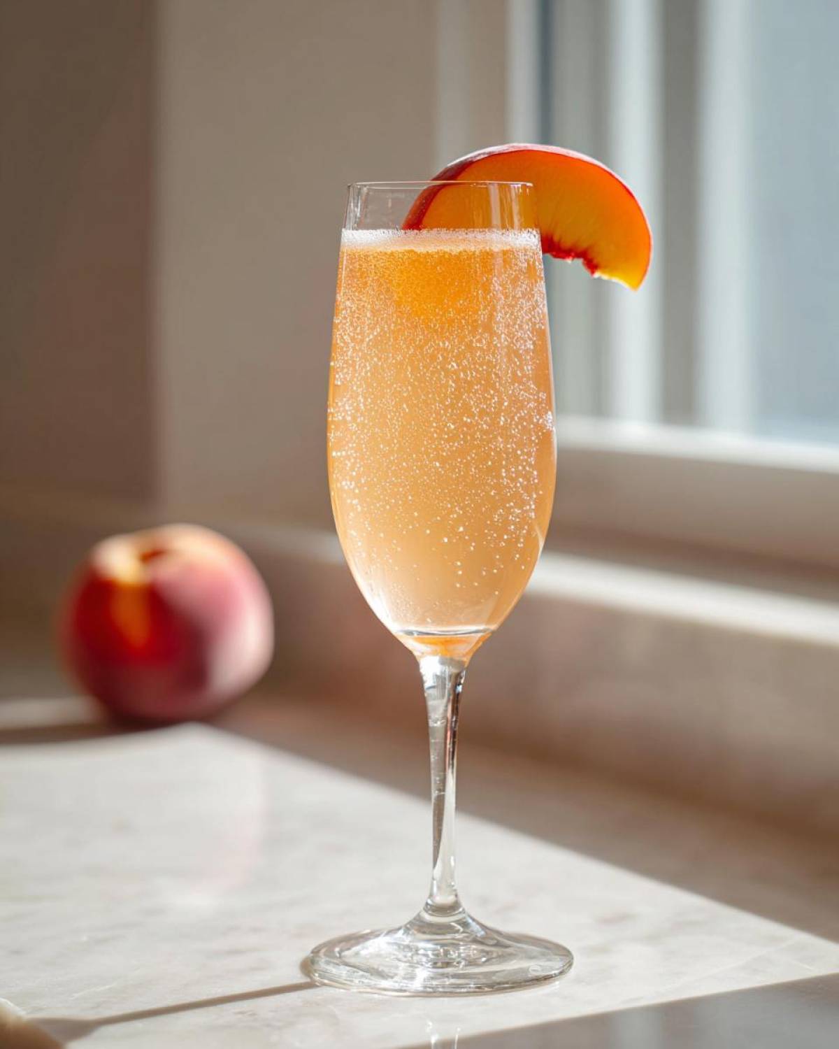 A fizzy peach bellini recipe cocktail served in a champagne flute, garnished with a peach slice.