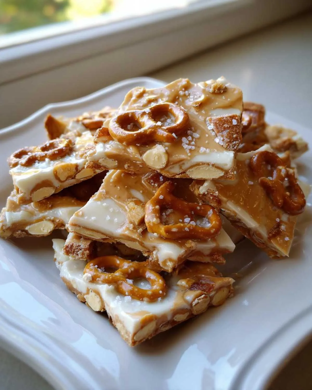 A stack of broken pieces of peanut butter pretzel bark topped with mini pretzels and coarse sea salt.