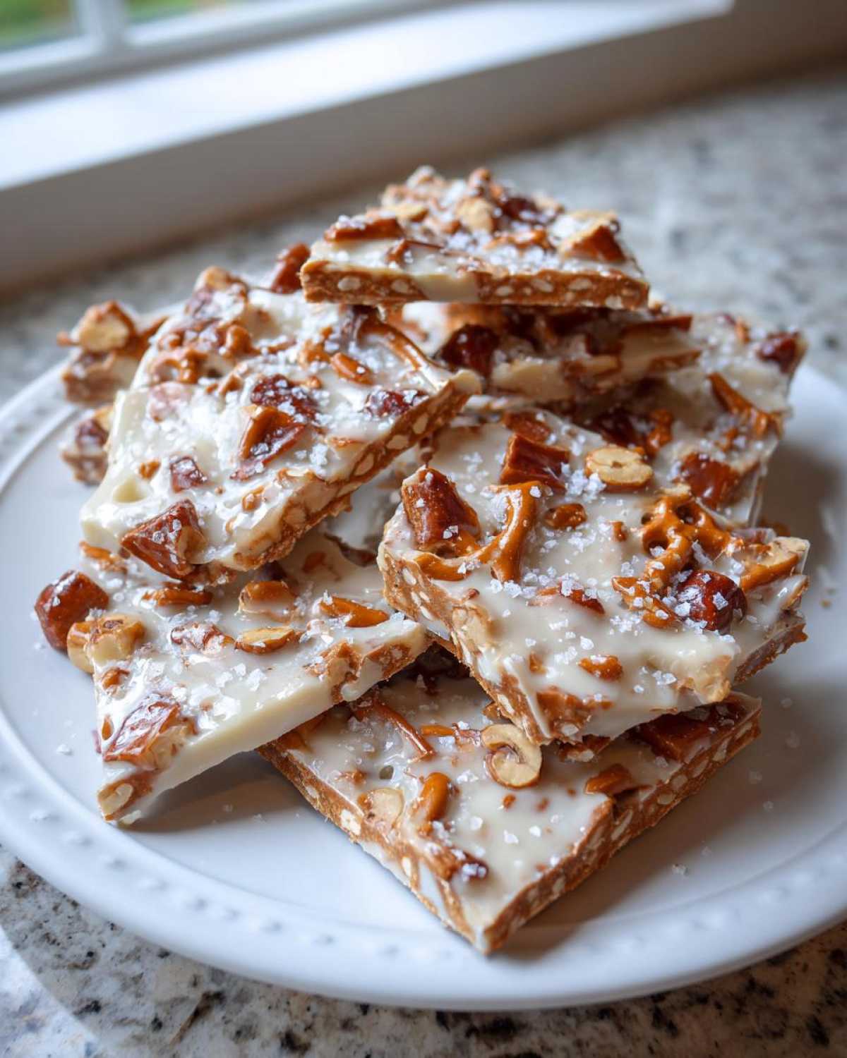 A stack of broken pieces of sweet and salty peanut butter pretzel bark topped with sea salt.