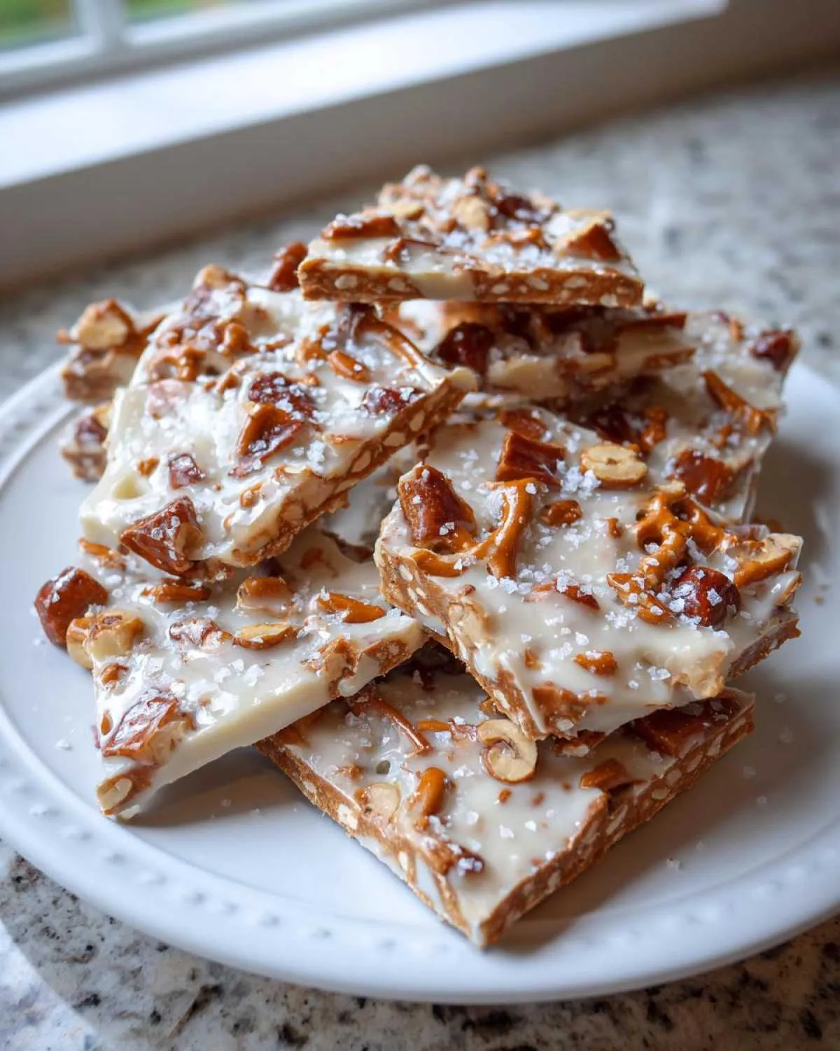 A stack of broken pieces of sweet and salty peanut butter pretzel bark topped with sea salt.