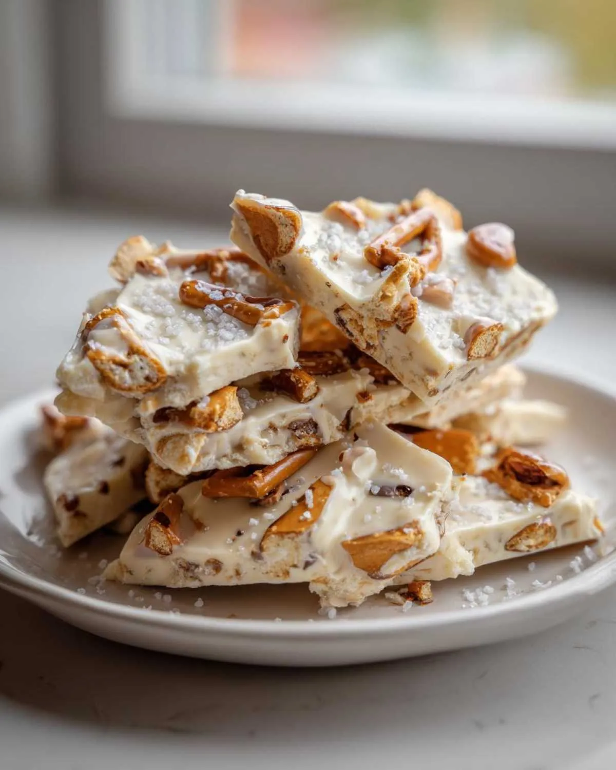 A stack of broken pieces of white chocolate peanut butter pretzel bark sprinkled with sea salt on a white plate.