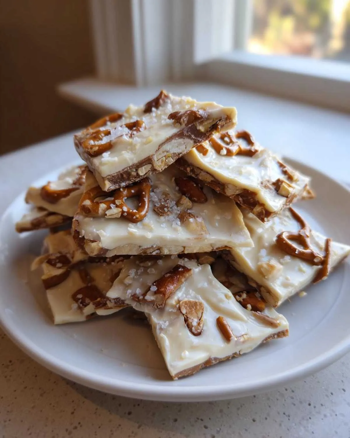 A stack of broken pieces of white chocolate peanut butter pretzel bark topped with crunchy pretzels and flaky sea salt.
