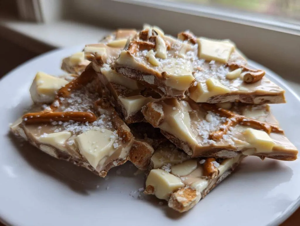 Close-up of broken pieces of peanut butter pretzel bark topped with white chocolate chunks and sea salt.