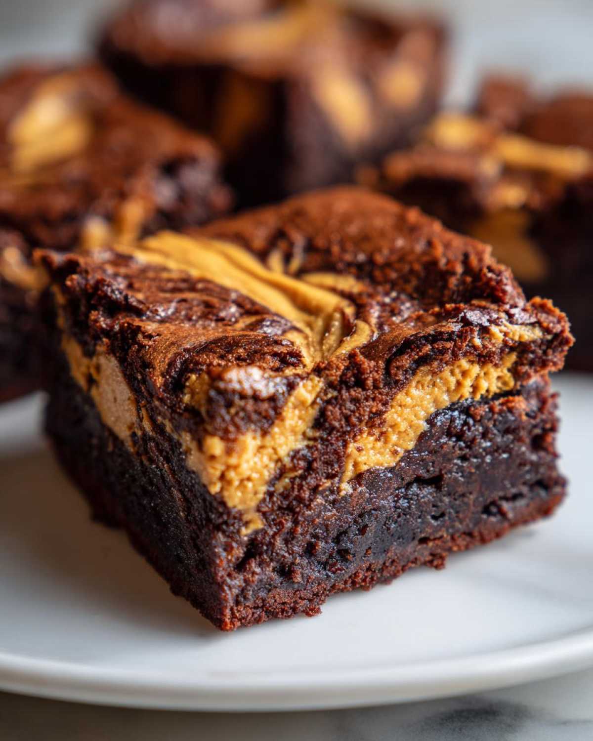 A close-up of a rich, fudgy peanut butter swirl brownies square on a white plate.