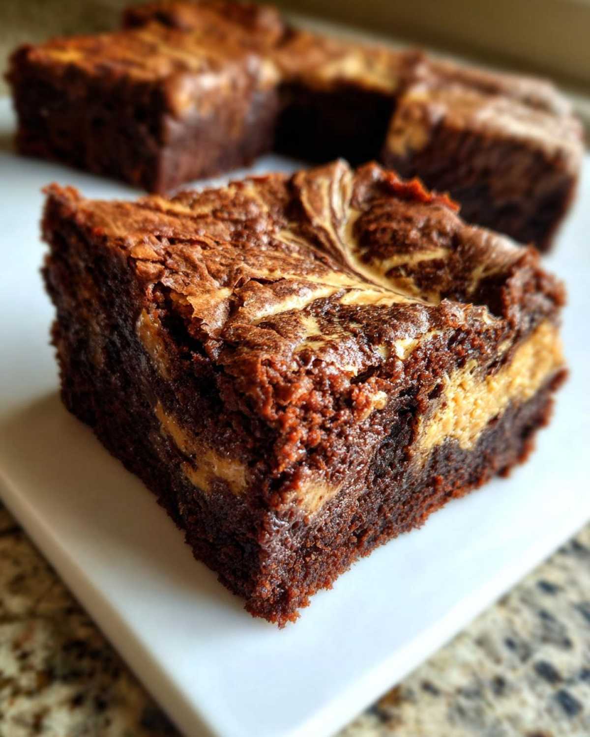Close-up of a fudgy square of peanut butter swirl brownies showing a distinct peanut butter swirl pattern on top.