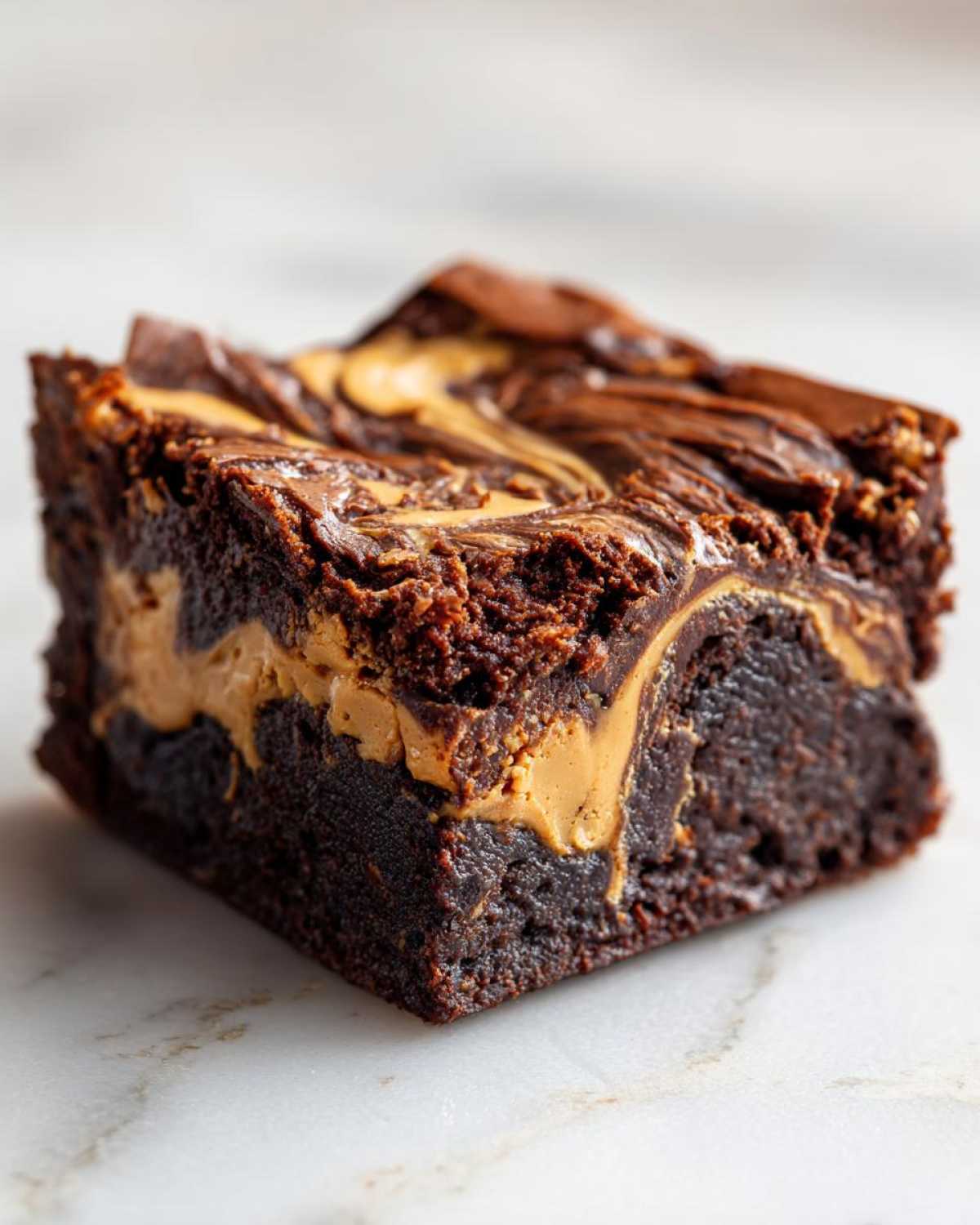 A single, fudgy square of peanut butter swirl brownies featuring a rich chocolate base and creamy peanut butter marbled on top.