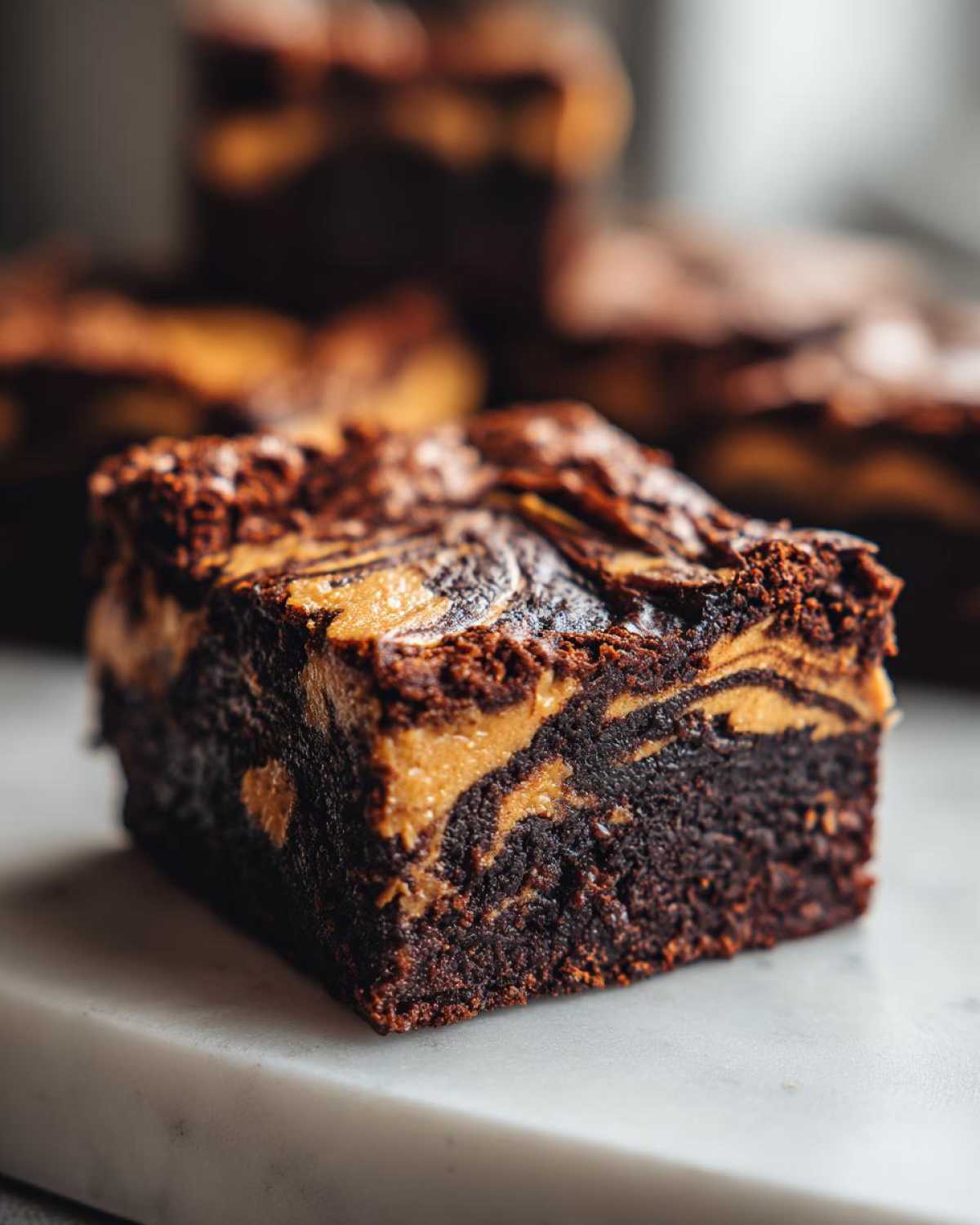A rich, fudgy square of peanut butter swirl brownies showing distinct peanut butter marbling on top.