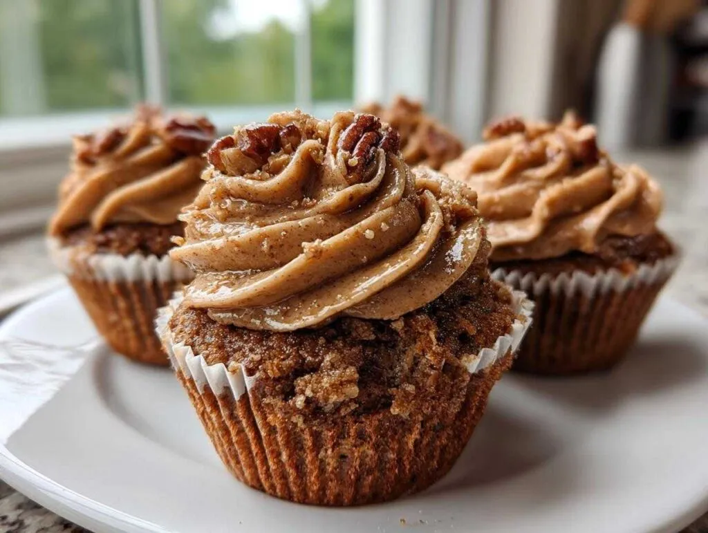 A close-up of delicious pecan pie cupcakes topped with swirled brown frosting and a pecan half.