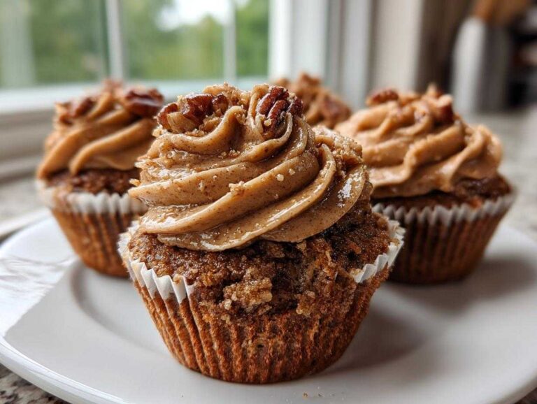 A close-up of delicious pecan pie cupcakes topped with swirled brown frosting and a pecan half.