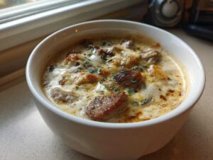 A close-up of a creamy, cheesy serving of Philly Cheese Steak Soup topped with browned steak pieces and parsley.