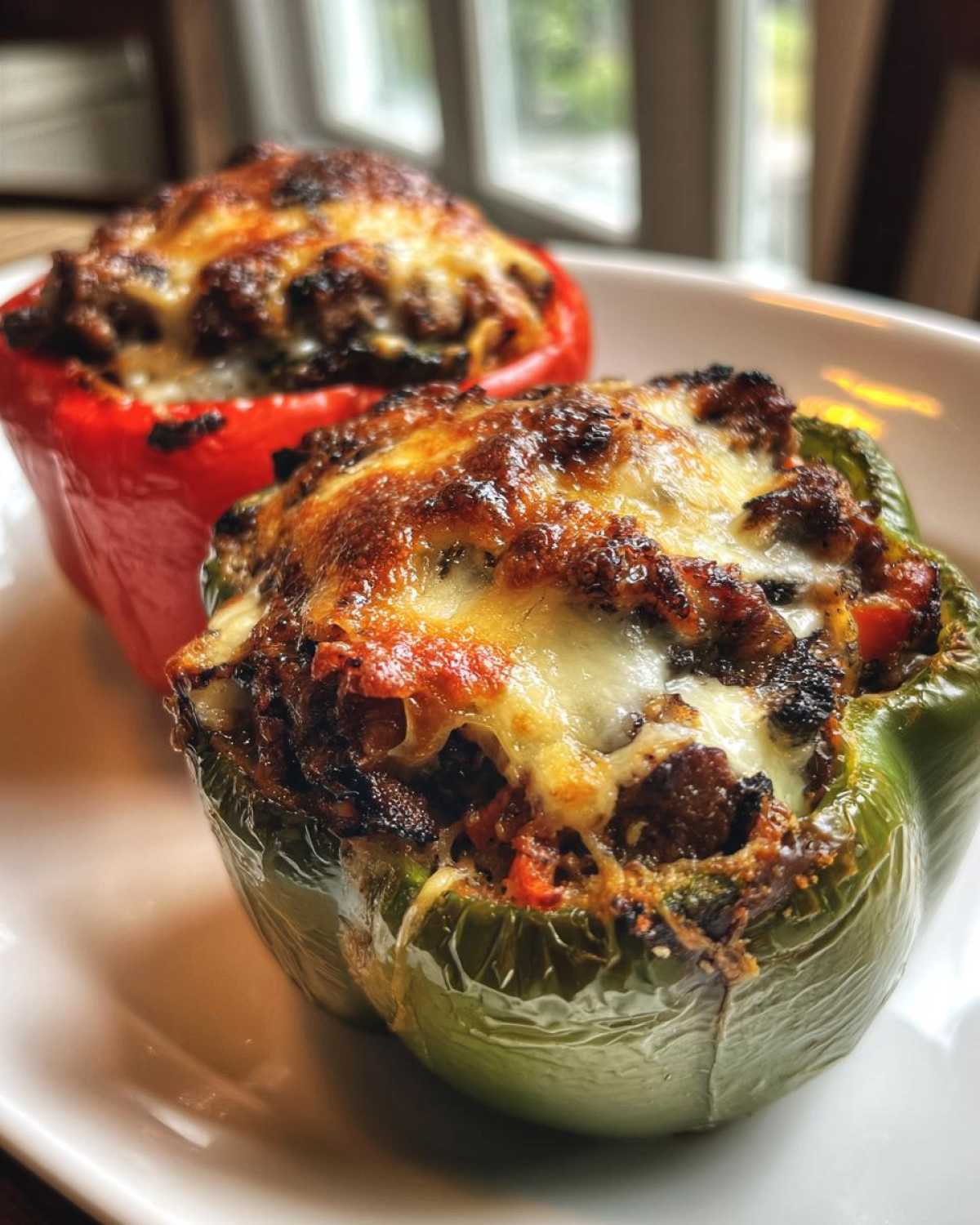 Close-up of two baked philly cheesesteak stuffed peppers, one green and one red, topped with melted, browned cheese.