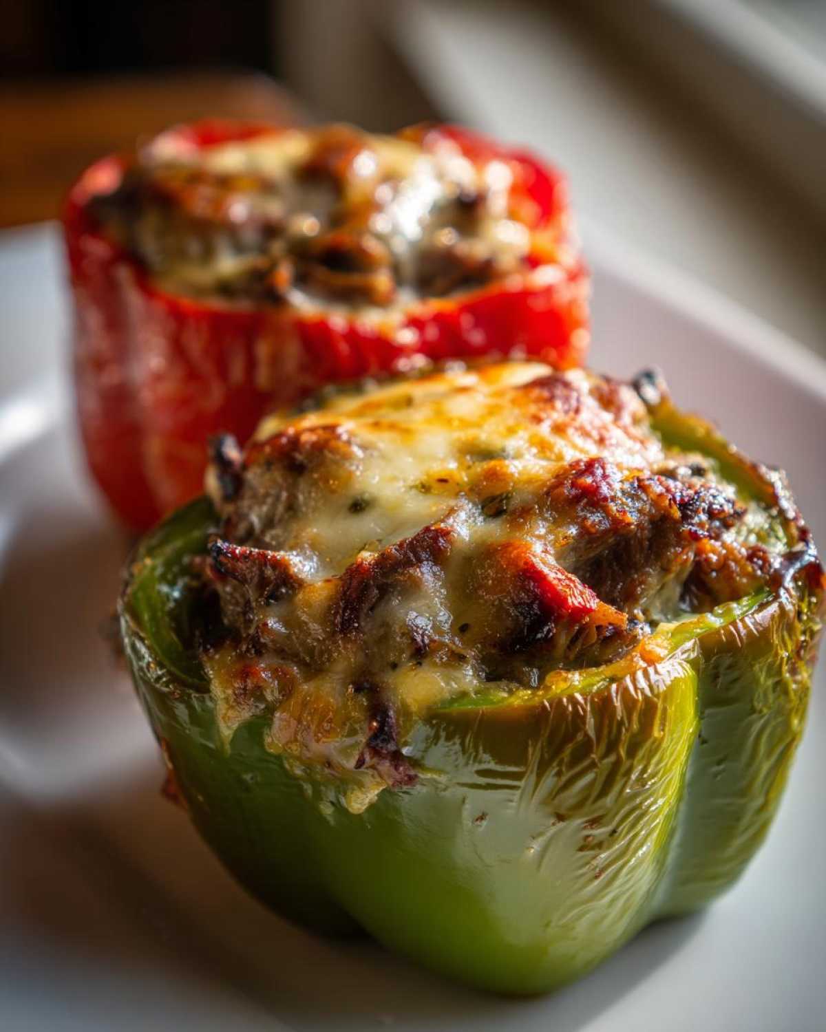 Close-up of baked philly cheesesteak stuffed peppers, featuring a green pepper in focus topped with melted, browned cheese.