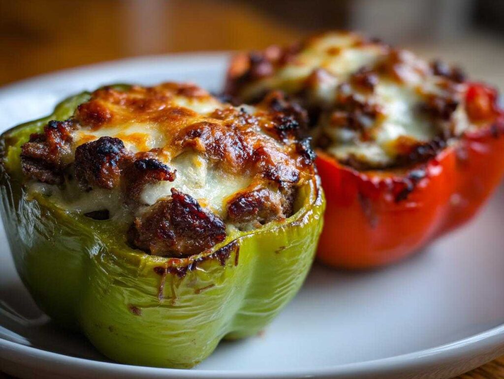 Close-up of a baked green philly cheesesteak stuffed pepper topped with melted, browned cheese.