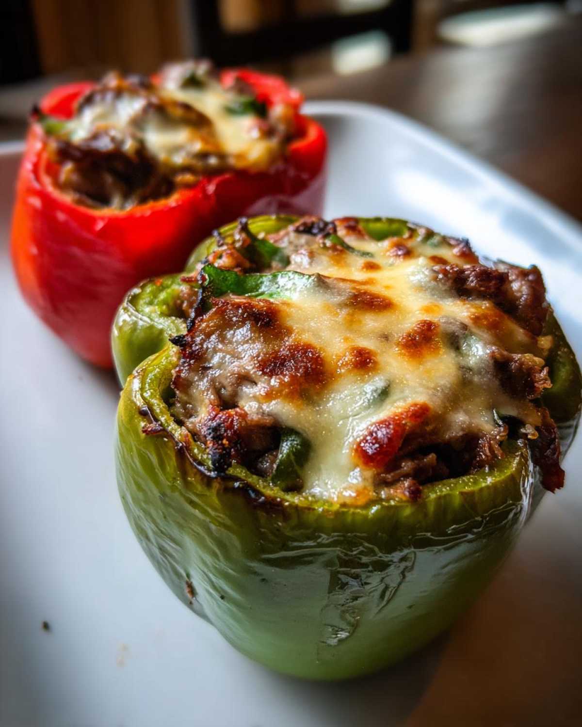 Close-up of baked philly cheesesteak stuffed peppers, featuring a green pepper topped with melted, browned cheese.
