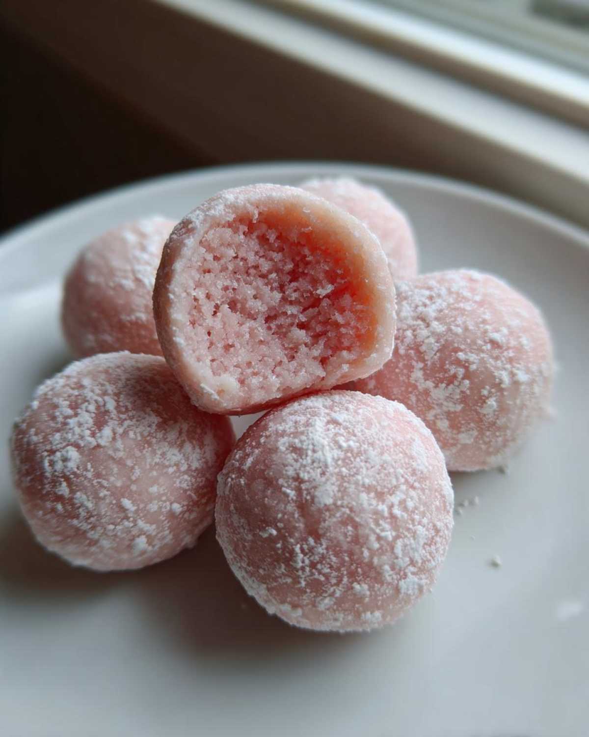 Close-up of several pink watermelon mochi balls dusted with powdered sugar, one is cut open showing the soft interior.