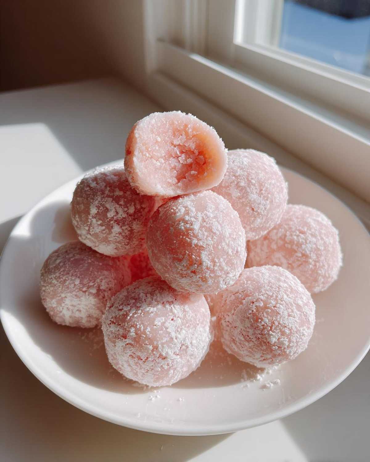 A pile of pink, round watermelon mochi dusted heavily with white powdered sugar, sitting on a white plate.