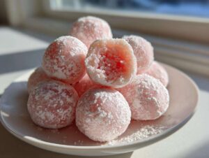 A stack of pink, powdered watermelon mochi on a white plate, with one piece cut open showing the filling.