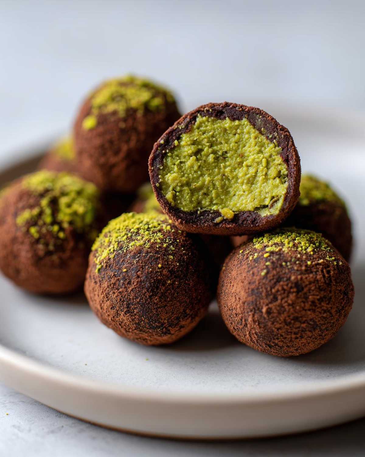 Close-up of several dubai chocolate balls dusted with cocoa powder and chopped pistachios, one cut open revealing a bright green pistachio filling.