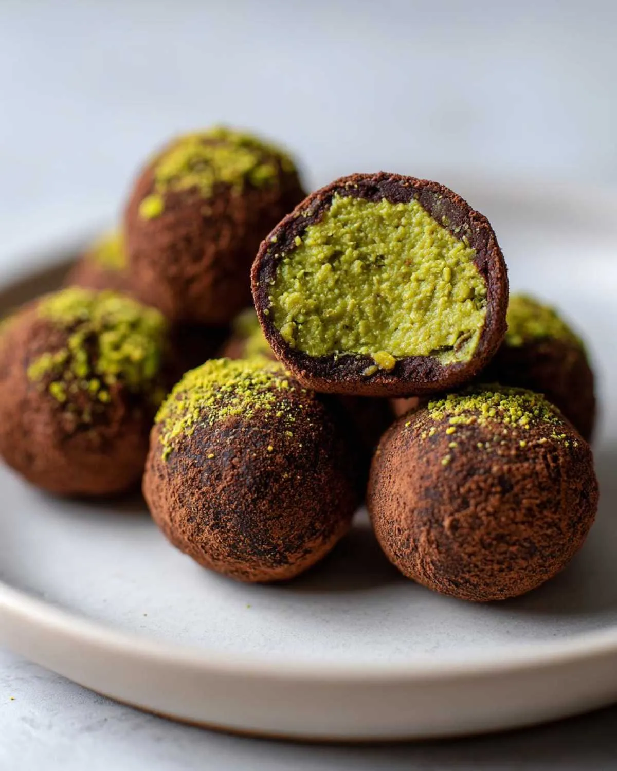 Close-up of several dubai chocolate balls dusted with cocoa powder and chopped pistachios, one cut open revealing a bright green pistachio filling.
