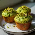 Three vibrant green pistachio muffins topped with chopped nuts, sitting on a light plate.