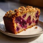 Close-up of a moist slice of plum cake featuring deep purple plums baked inside and a golden crumb topping.