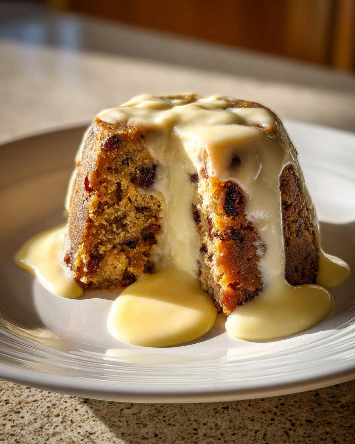 A rich, dense slice of plum pudding cut open and generously covered in warm vanilla custard sauce.