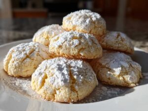 A stack of soft, crinkled Cool Whip cookies heavily dusted with powdered sugar, sitting on a white plate.
