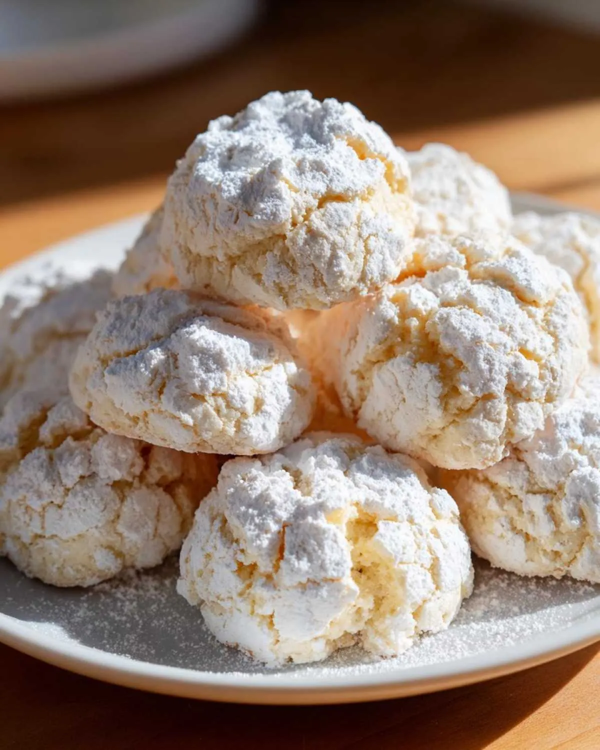 A close-up of several soft, crinkle-style cool whip cookies heavily dusted with powdered sugar on a white plate.