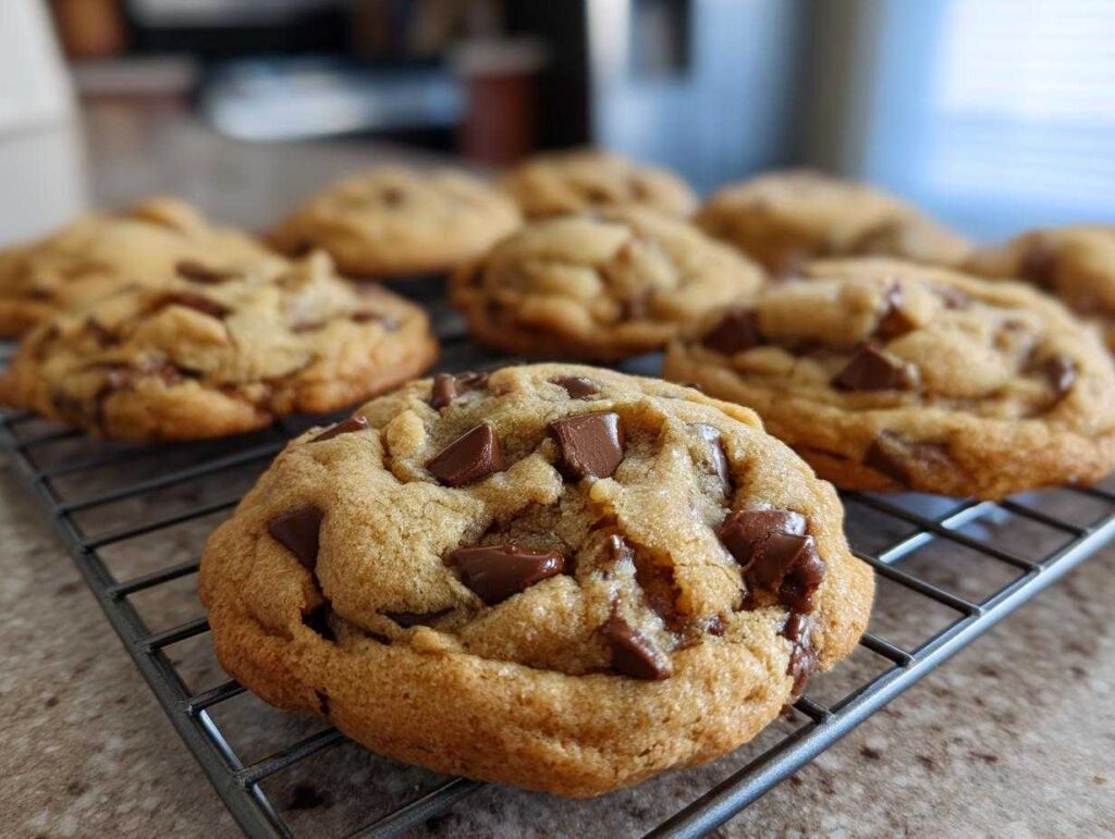 Close-up of thick, chewy pudding cookies loaded with chocolate chips cooling on a wire rack.