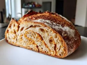 Close-up of a freshly baked pumpkin sourdough loaf sliced open, revealing an open crumb and orange pumpkin swirl.
