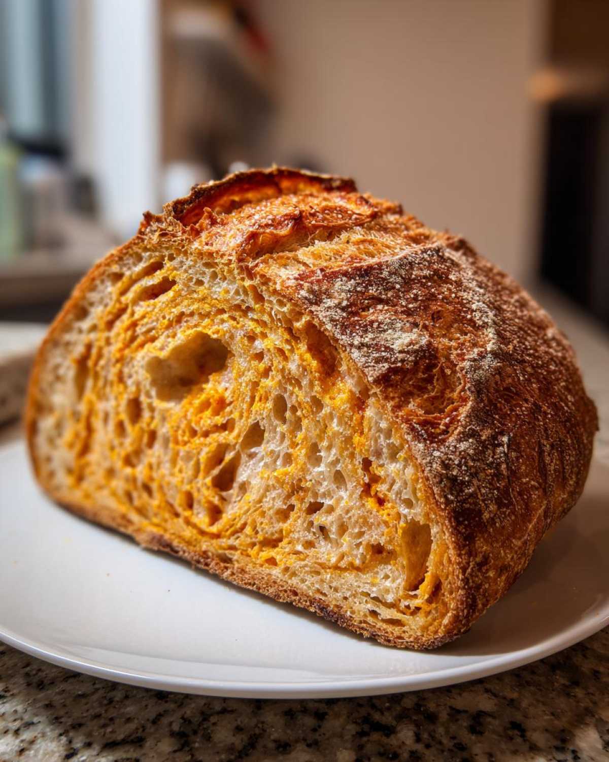 Close-up of a sliced pumpkin sourdough loaf showing the vibrant orange crumb and crispy crust.