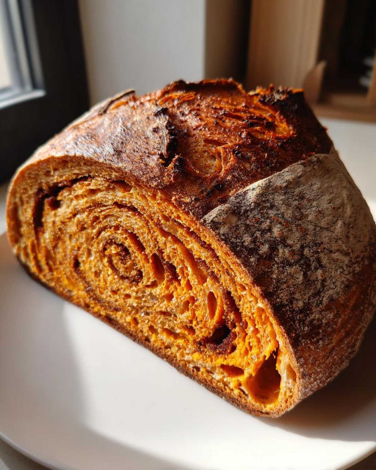 A close-up of a freshly baked pumpkin sourdough loaf cut in half, revealing an orange crumb with a beautiful cinnamon swirl pattern.