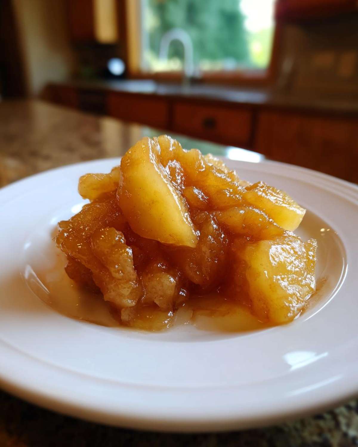 A close-up serving of glistening, spiced apple pie filling on a white plate, ready to use.