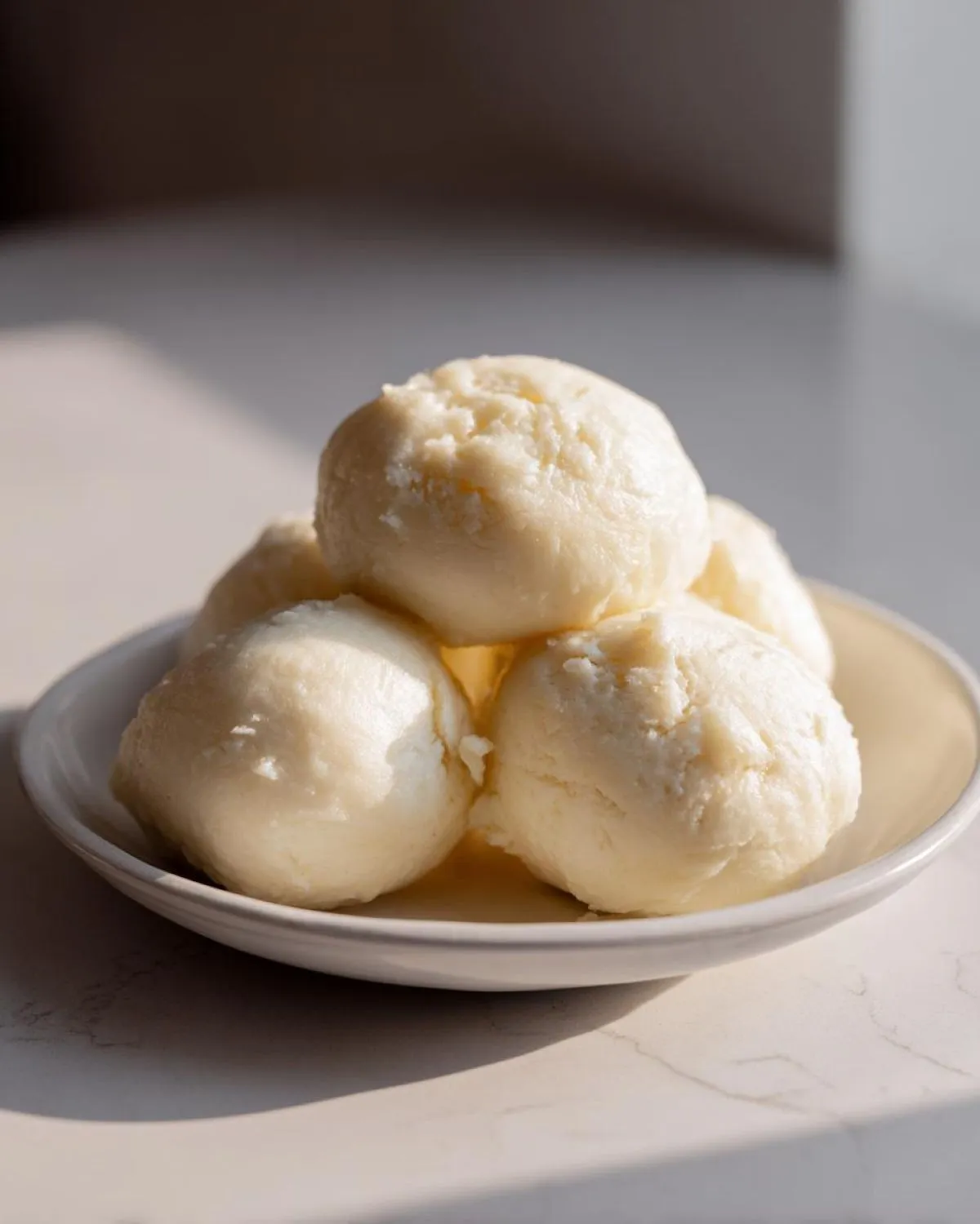 A small white plate stacked with several smooth, round portions of white fufu, ready to eat.
