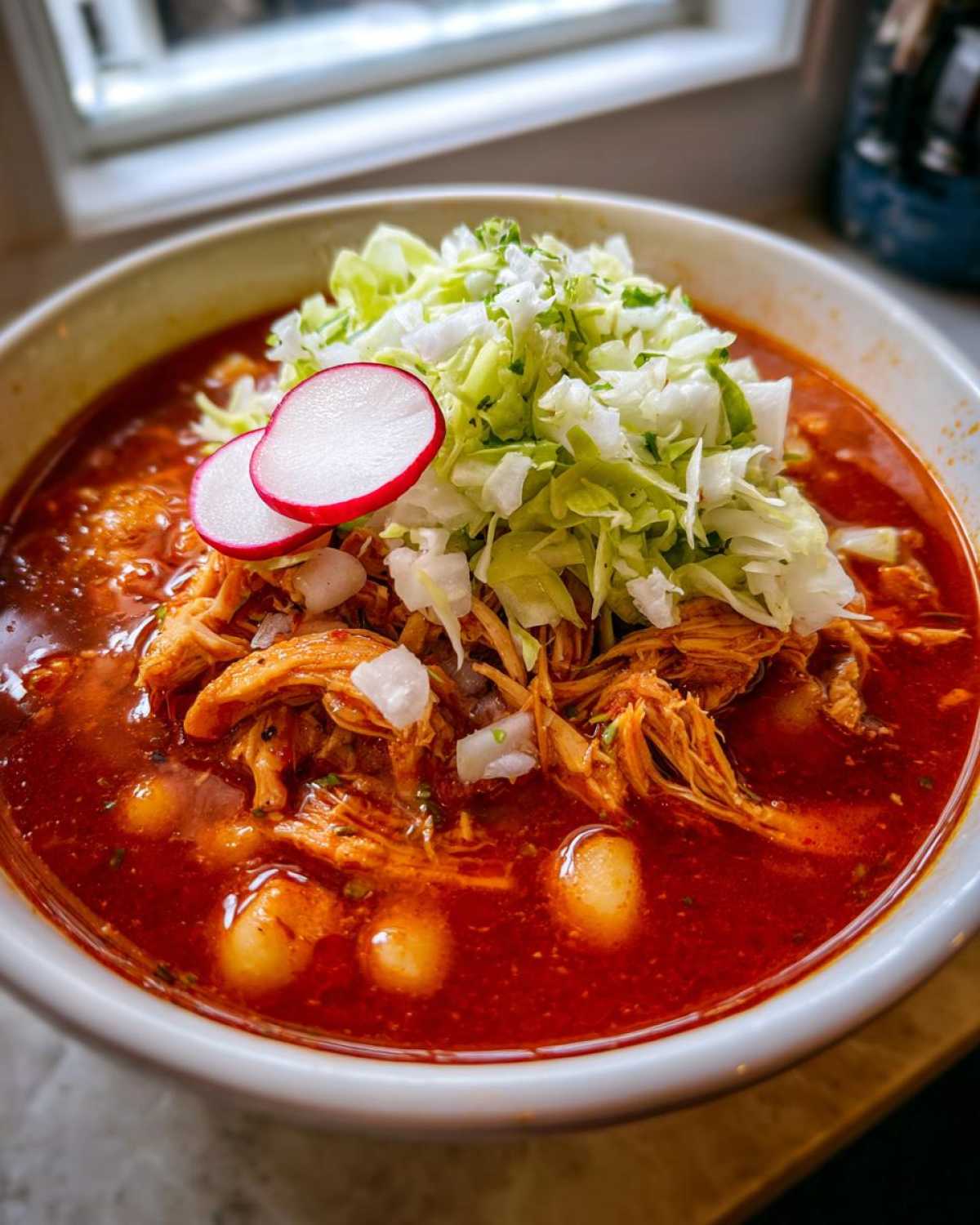 A vibrant bowl of red chicken pozole soup, topped generously with shredded cabbage, radishes, and onion.