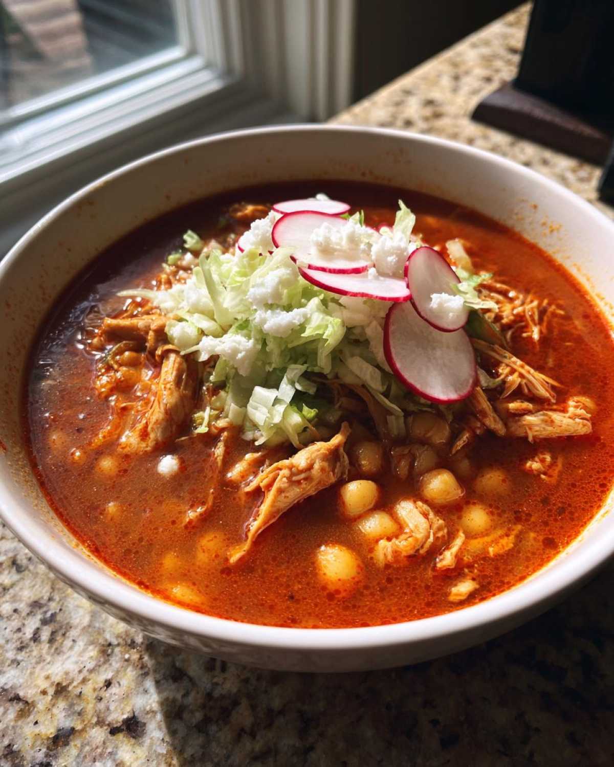 A close-up view of a steaming bowl of red chicken pozole, topped with shredded lettuce, cotija cheese, and radish slices.