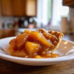A delicious slice of pie showcasing thick, glossy apple pie filling loaded with cinnamon spice.