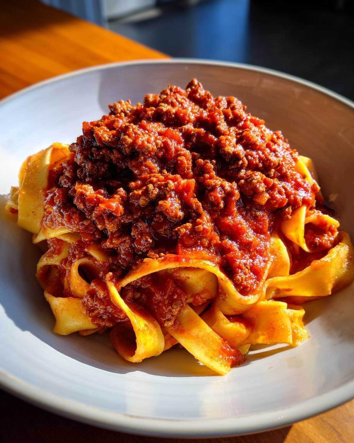 Close-up of thick, rich bolognese sauce generously spooned over wide egg noodles, served in a light bowl.