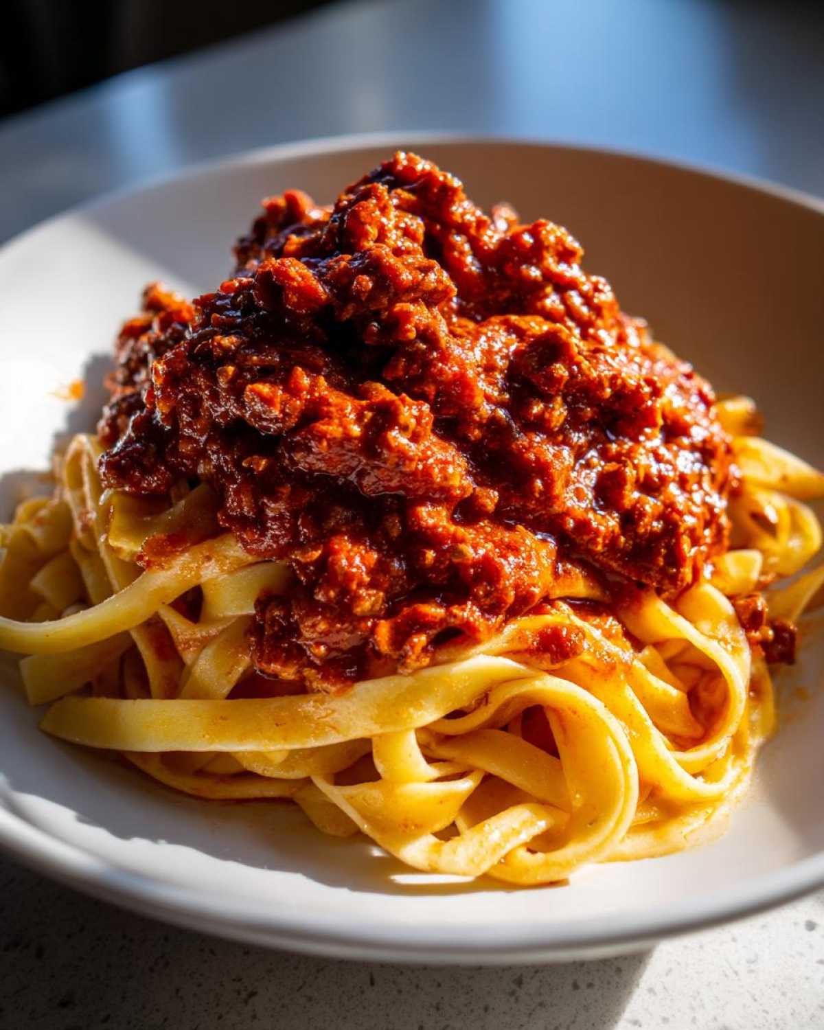 A close-up of rich, thick bolognese sauce generously spooned over a bed of fresh tagliatelle pasta in a white bowl.