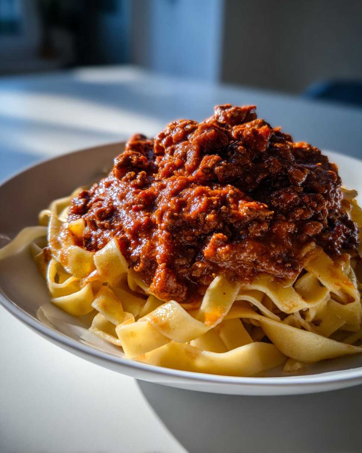 A close-up of rich, thick bolognese sauce generously spooned over a bed of fresh tagliatelle pasta in a white bowl.