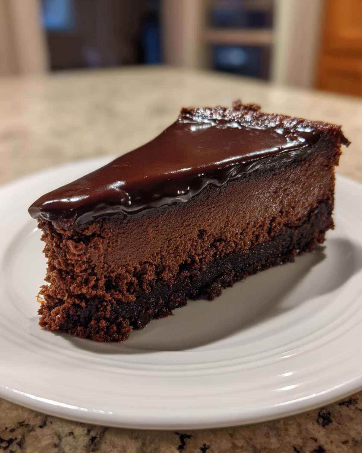 A decadent slice of chocolate cheesecake with a thick, glossy chocolate ganache topping served on a white plate.