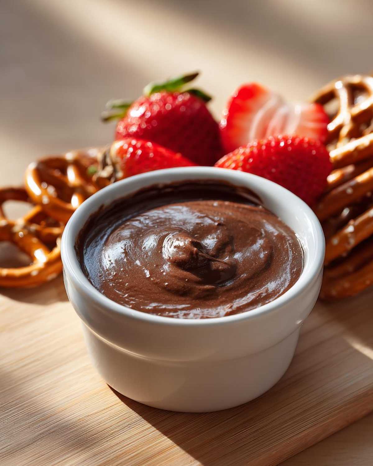 A close-up of a small white bowl filled with rich, glossy chocolate dip, served alongside fresh strawberries and pretzels.
