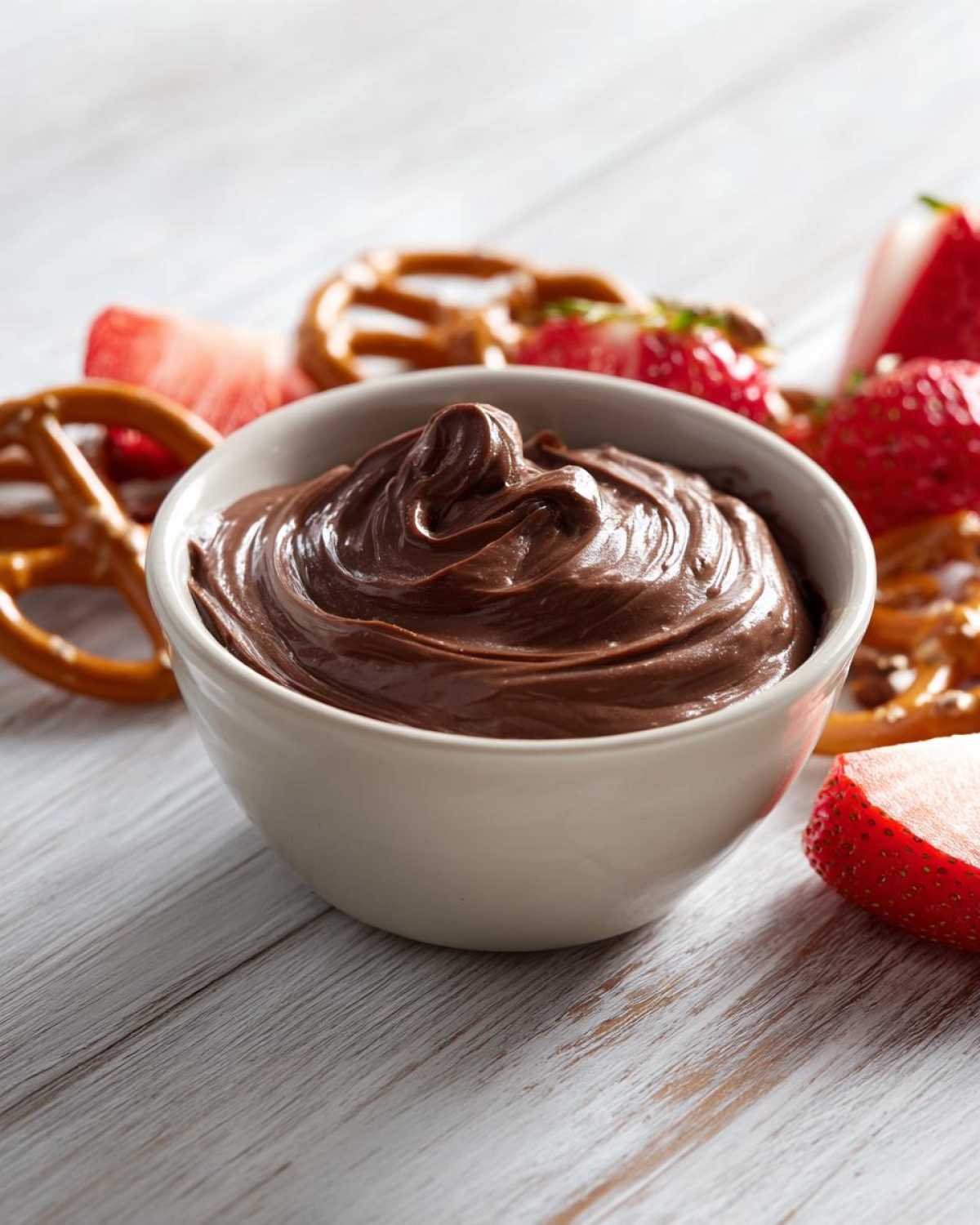 A creamy bowl of rich chocolate dip surrounded by fresh strawberries and salty pretzels.