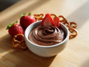 A small white bowl filled with rich, swirled chocolate dip, garnished with strawberry slices and surrounded by fresh strawberries and pretzels.