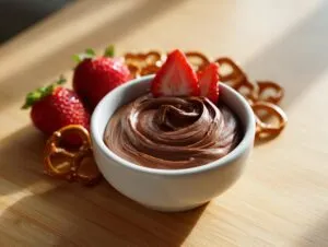 A small white bowl filled with rich, swirled chocolate dip, garnished with strawberry slices and surrounded by fresh strawberries and pretzels.