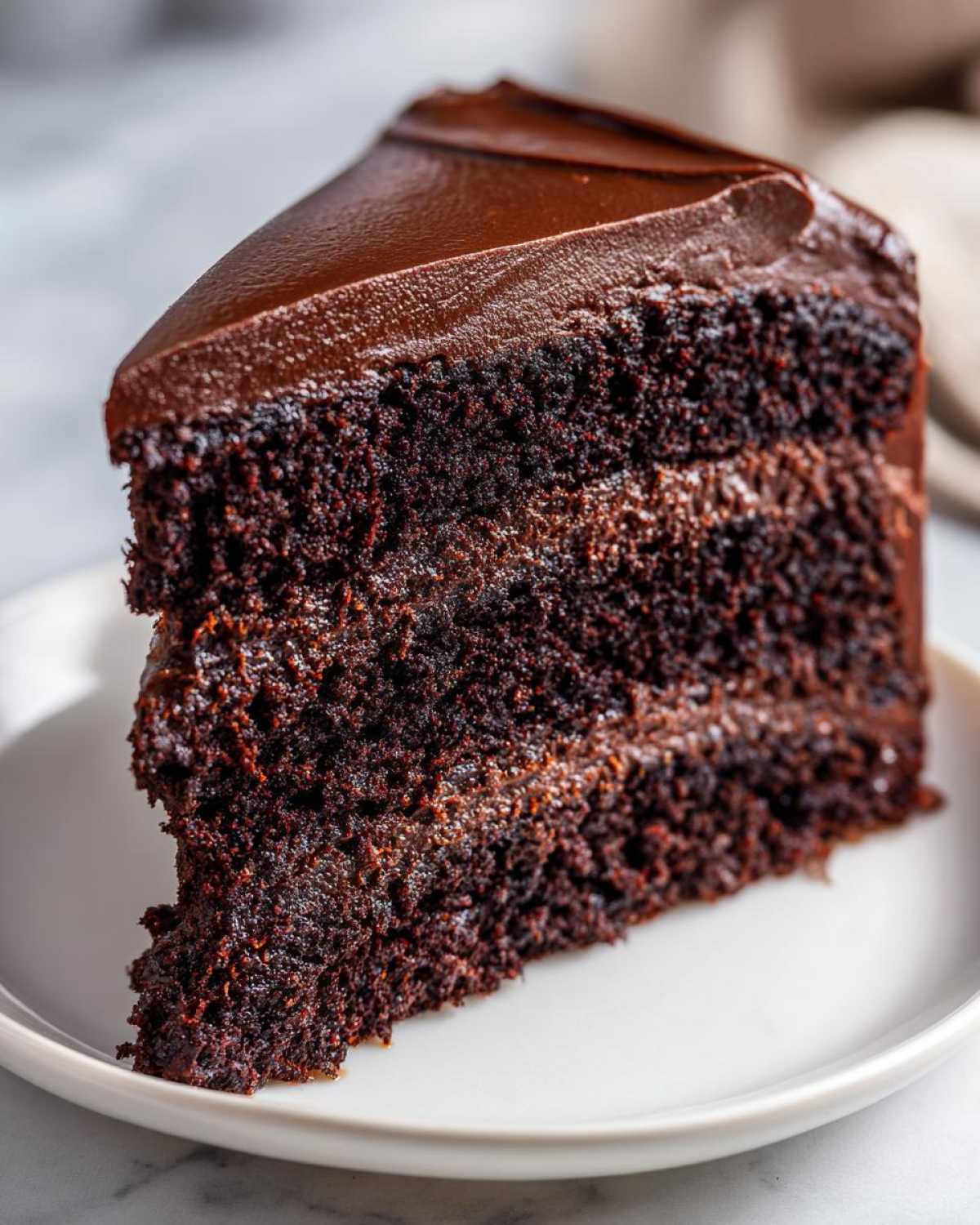 Close-up of a moist, dark slice of chocolate fudge cake layered with frosting on a white plate.