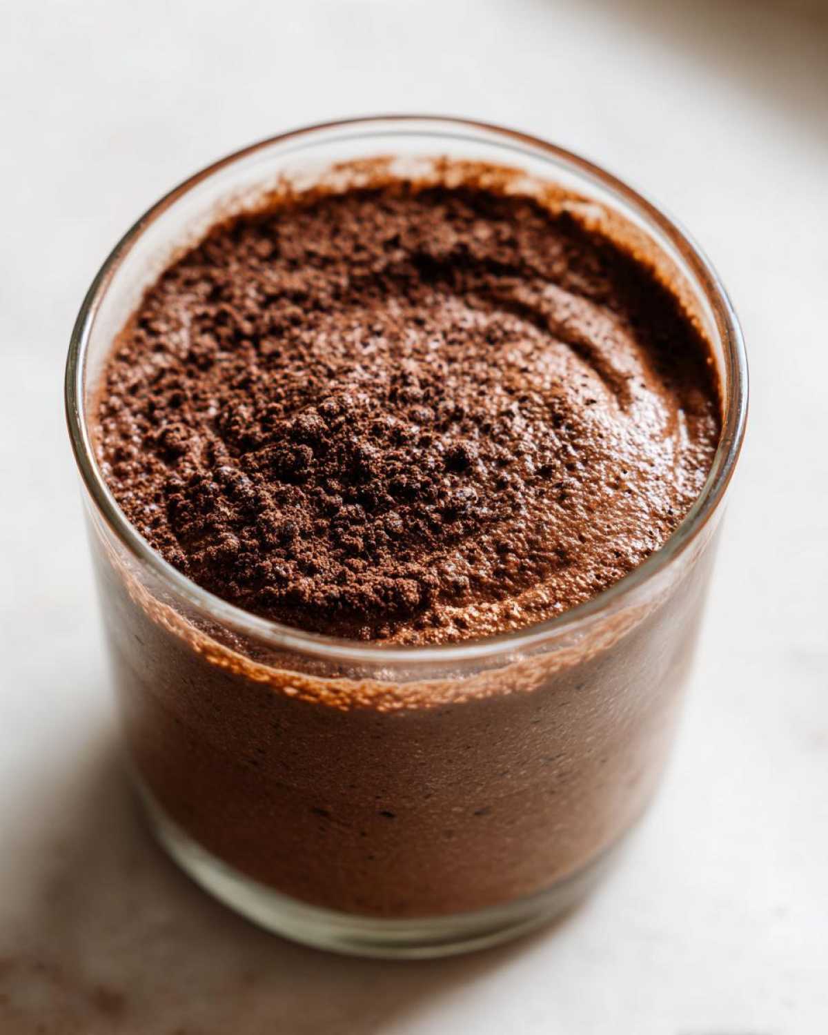 A close-up of rich, airy chocolate mousse topped with cocoa powder, served in a clear glass.